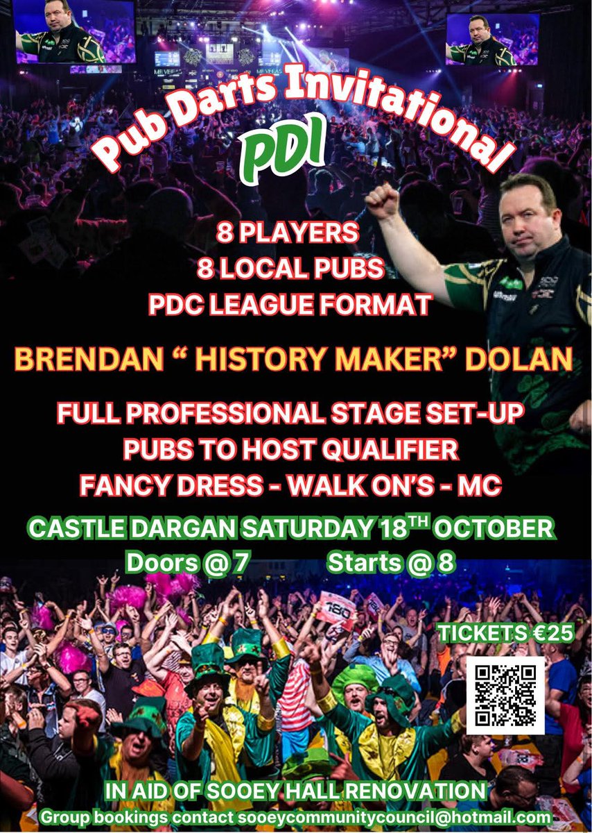 Pub darts Invitational tonight in <a href="/CastleDargan/">Castle Dargan Hotel</a> with <a href="/BrendanDolan180/">Brendan Dolan</a> Limited tickets remaining 🎯🎤🇮🇪