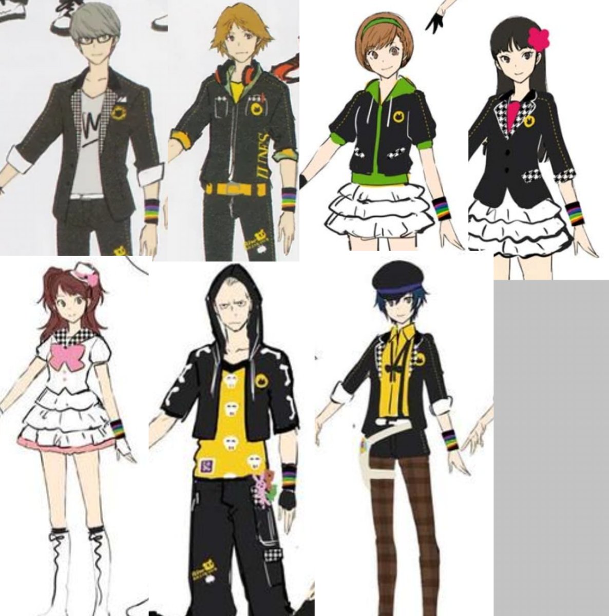 Fun fact while I'm working on my "Battle Outfits" for a P4R concept;

In the Persona 4 Dancing concept art for the Investigation Teams outfits, every member originally had a rainbow armband (Teddie is the only exception)

A shame they didnt keep it tbh, would've been really cute
