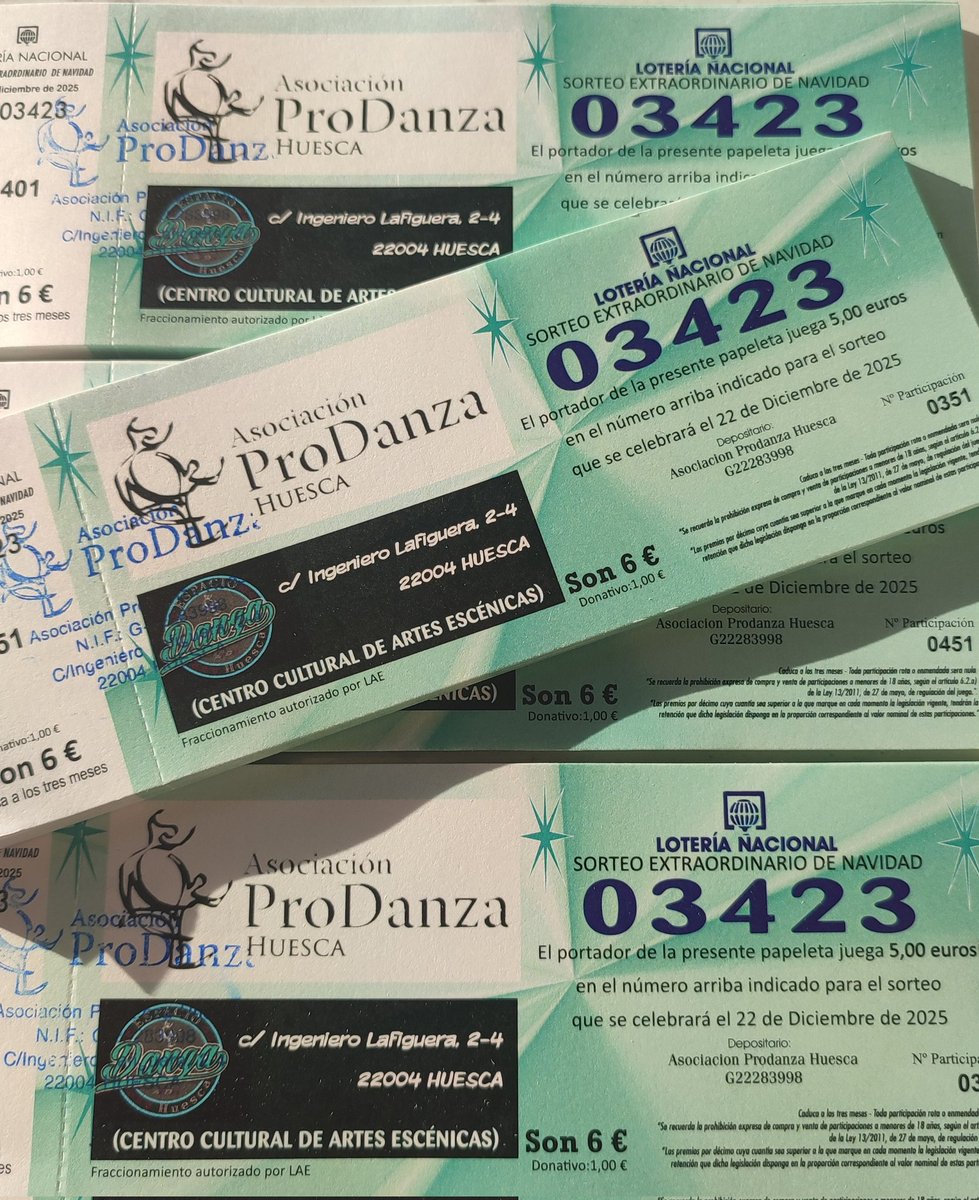 Cari72631's tweet photo. 🎄✨ ¡Ya tenemos la Lotería de Navidad de la *Asociación ProDanza Huesca*! ✨🎄
*03423*
Este año queremos compartir la ilusión con todos vosotros ❤️
Ya podéis conseguir la participación en nuestro  centro de danza *EDH* 
👉 Podéis pagar en mano o por Bizum,🍀
*ESTE AÑO SÍ QUE SII https://t.co/YOGxlTdxGw