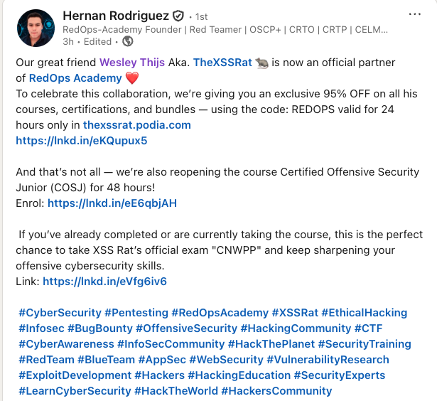 HackerRats - Uncle Rat ❤️ (XSS Rat) (@thexssrat) on Twitter photo FREE COURSE BELOW!!!!
Holy cheeseballs and macaroni!!
Thank you so much for the oppertunity Hernan Rodriguez!! Working besides you is an honour and I am very welcoming to you and your dear community <3
Having worked HARD for years, this is a dream come true ... and it gets FREE COURSE BELOW!!!!
Holy cheeseballs and macaroni!!
Thank you so much for the oppertunity Hernan Rodriguez!! Working besides you is an honour and I am very welcoming to you and your dear community <3
Having worked HARD for years, this is a dream come true ... and it gets