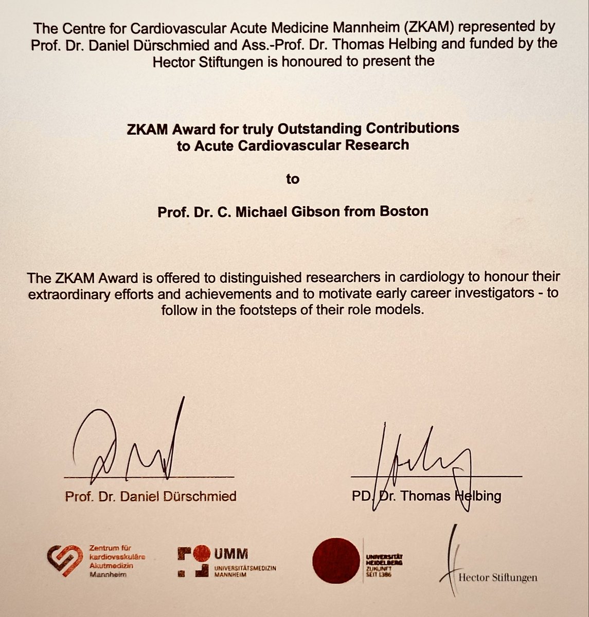 Honored to receive the ZKAM Award for Outstanding Contributions to Acute Cardiovascular Research from the Centre for Cardiovascular Acute Medicine Mannheim. Grateful to the colleagues, mentors, and patients who continue to inspire this work every day.