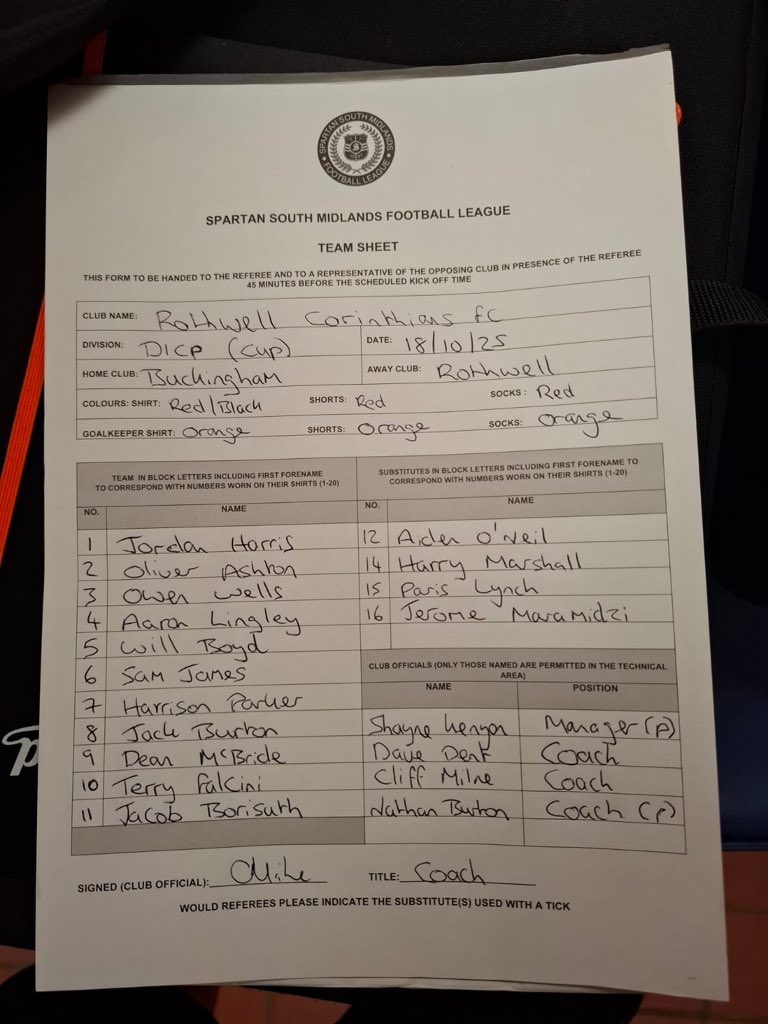 RothwellCFC's tweet image. Teamsheet for today’s cup match away @thebuckinghamfc 

Kick off 45 minutes away 

🔴⚫️⚽️