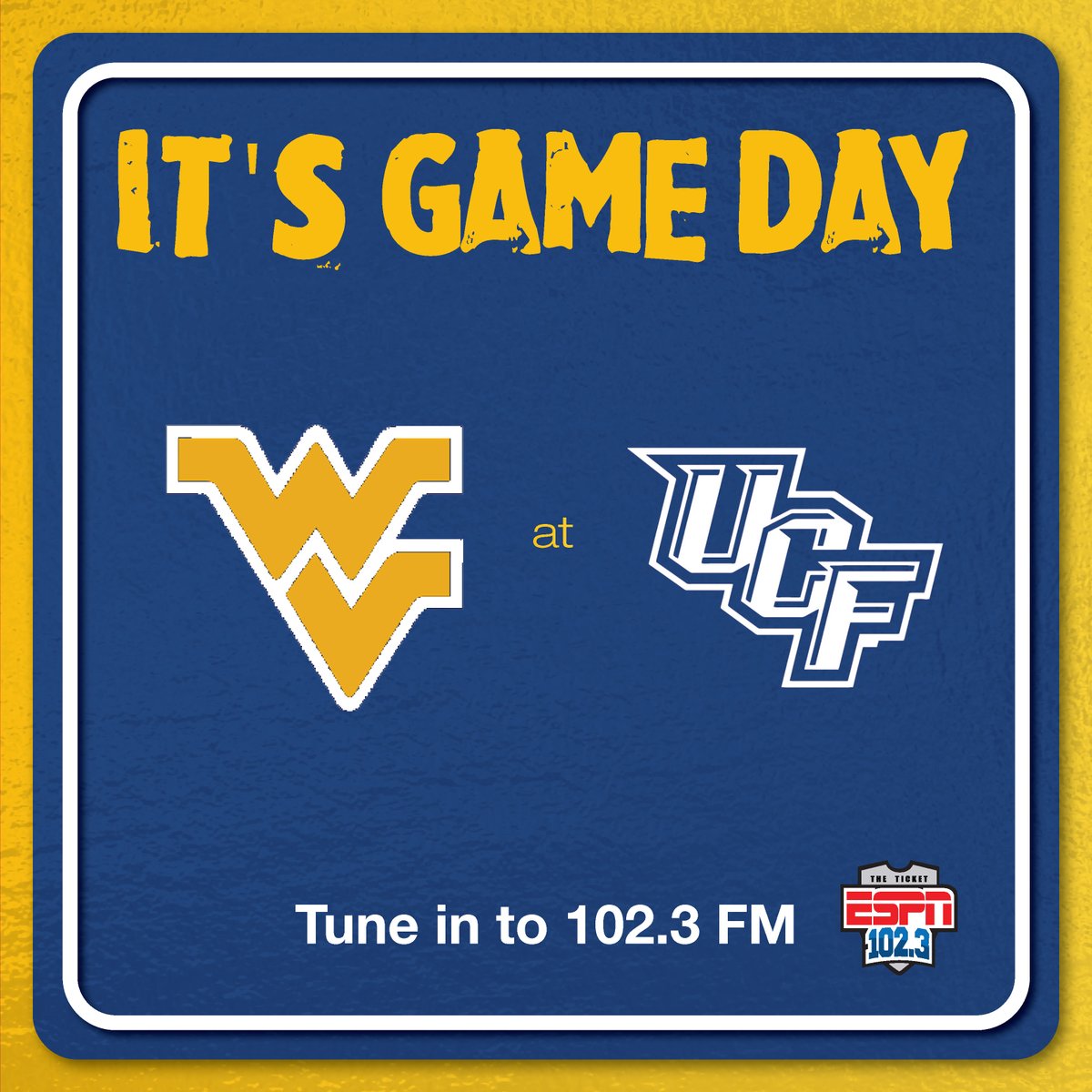 Mid-October trip to Orlando! Pre-game coverage starts 3 hours before. Stream or listen: bit.ly/3Zs1Ejv  or 102.3 FM. Keep riding that Mountaineer wave! #WVU #NeutralGround”