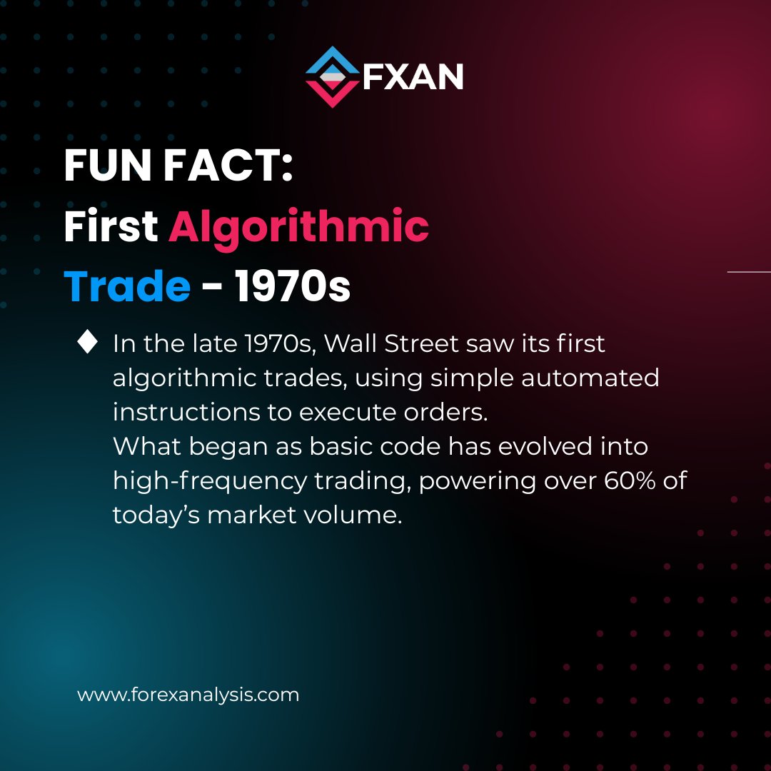 fxanalgo's tweet image. 💥 Fun Fact: First Algo Trade (1970s)
Simple code → Wall Street execution.
Today, 60%+ of trades come from high-frequency algorithms. 🤖⚡
#AlgoTrading #MarketHistory #HFT #QuantFinance