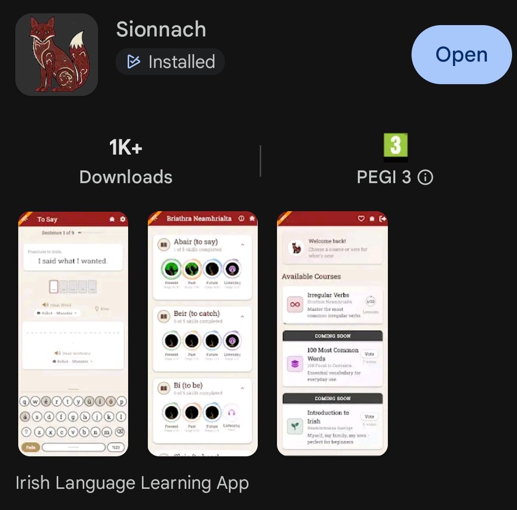 Spicefagg's tweet image. People are still looking at this so lig dom an Sionnach app a cur chun cinn (let me promote the Sionnach app) and get your daily Gaeilge in, you can learn in the 3 major dialects and it's for beginners to fluent level, is brea liom é agus is níos fearr é ná Duolingo ✨
