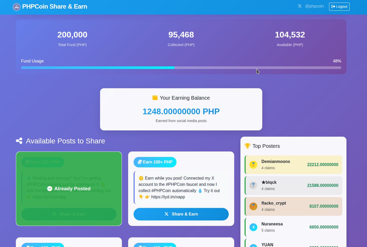 phpcoin's tweet image. 📢 Update from the PHP Coin team 💬
The Share & Earn app has been refilled with new rewards and updated with fresh posts to share.
Earn #PHPCoin by posting on X and helping spread the word 🪙
Start earning now
👉 tyd.im/xapp