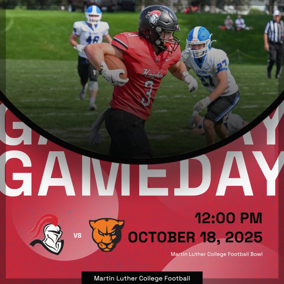 Knights kick off for another conference game! The game starts at 12:00 PM in New Ulm, Minnesota. 

Visit mlcknights.com for live stats and stream.

#goknights #knightsfootball