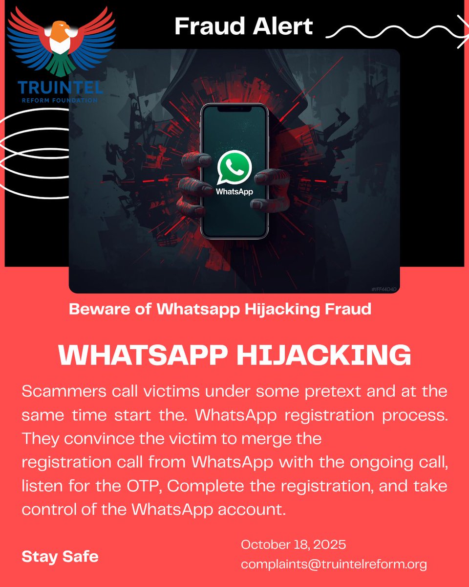 TruIntel_Reform's tweet image. 🚨 WhatsApp Hijacking Alert!
Scammers trick users into merging calls to capture OTPs &amp;amp; take over accounts.
⚠️ Never share OTPs even by mistake!
@Cyberdost @cyberpolice_up @MahaCyber1 @cyberpolice

#CyberSafety #WhatsAppFraud #TruIntelReformFoundation