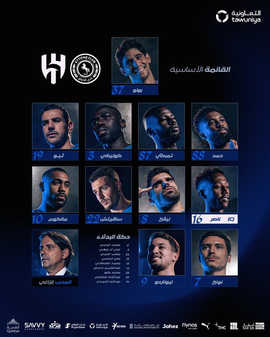 Grid layout in blue background displays Al Hilal club logo at top left with sponsor Tawuniya logo top right. Central section shows numbered headshots of players: number 37 top left smiling man with beard, number 3 top center man with short hair, number 12 top right man with dreadlocks, number 8 middle left man with mustache, number 19 middle center man with beard, number 7 middle right man with short hair. Bottom row includes number 10 bottom left man with long hair, number 2 bottom center man with glasses, number 16 bottom right man with beard. Below features coach image left labeled Portuguese coach with text indicating his role and player numbers 9 and 77 right with names. Bottom sponsors include Savy, SFX, Johnes, PUMA, Tawuniya logos.