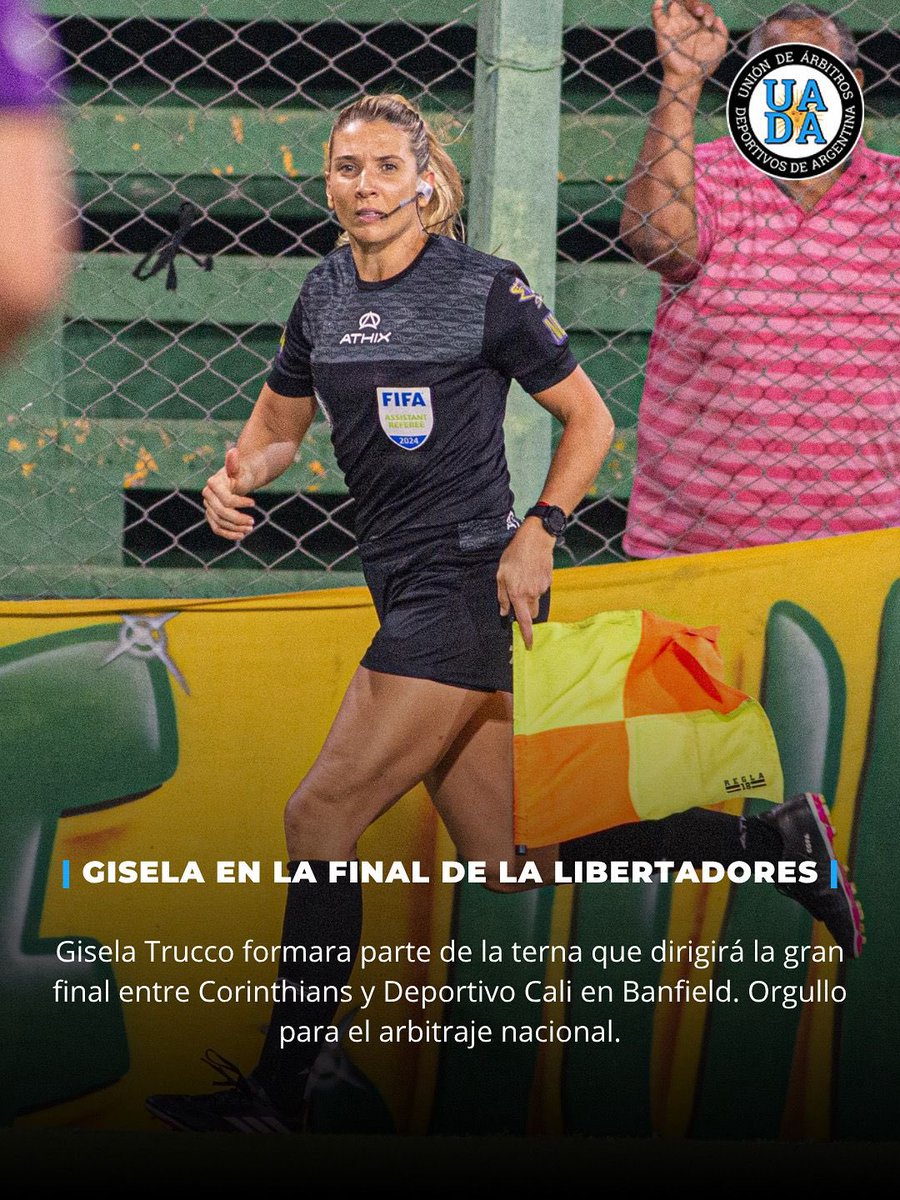 Gisela Trucco será árbitra asistente en la gran final entre Corinthians 🇧🇷 y Deportivo Cali 🇨🇴 , acompañando a María Laura Fortunato (árbitra principal) y Carla López (asistente 2).

La cuaterna se completa con Dione Rissios 🇨🇱 como 4ta árbitra, mientras que en la cabina VAR