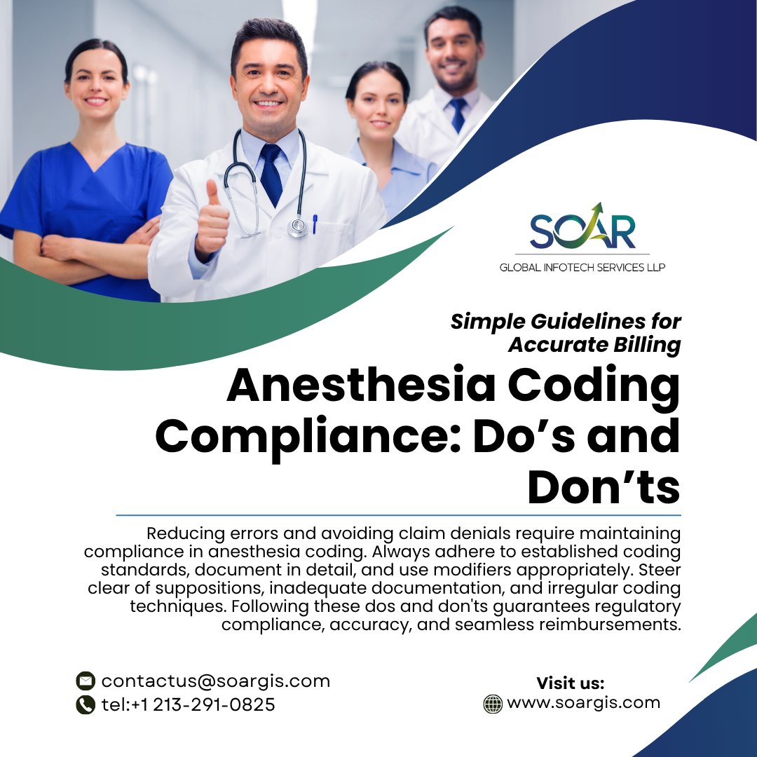Socialmedi16996's tweet image. To maintain compliance and guarantee correct reimbursements, adhere to the dos and avoid the don'ts when it comes to anesthesia coding.
#AnesthesiaCoding #CPTCodeAnesthesia #CodingAnesthesia #AnesthesiaMedicalCoding #ASAcode #soar #soarglobal