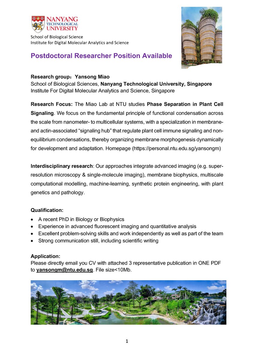 MiaoYansong's tweet image. 🚀 We’re hiring a #Postdoc! to explore Plant Phase Separation during Plant-Microbe Interactions! Focus on Nanodomain Condensation for plant immune signaling.
🔬 Plant Cell Biologist
🦠 Plant Pathologist
💡 Protein/Membrane Biophysicist
#PlantScience #PhaseSeparation #Biophysics