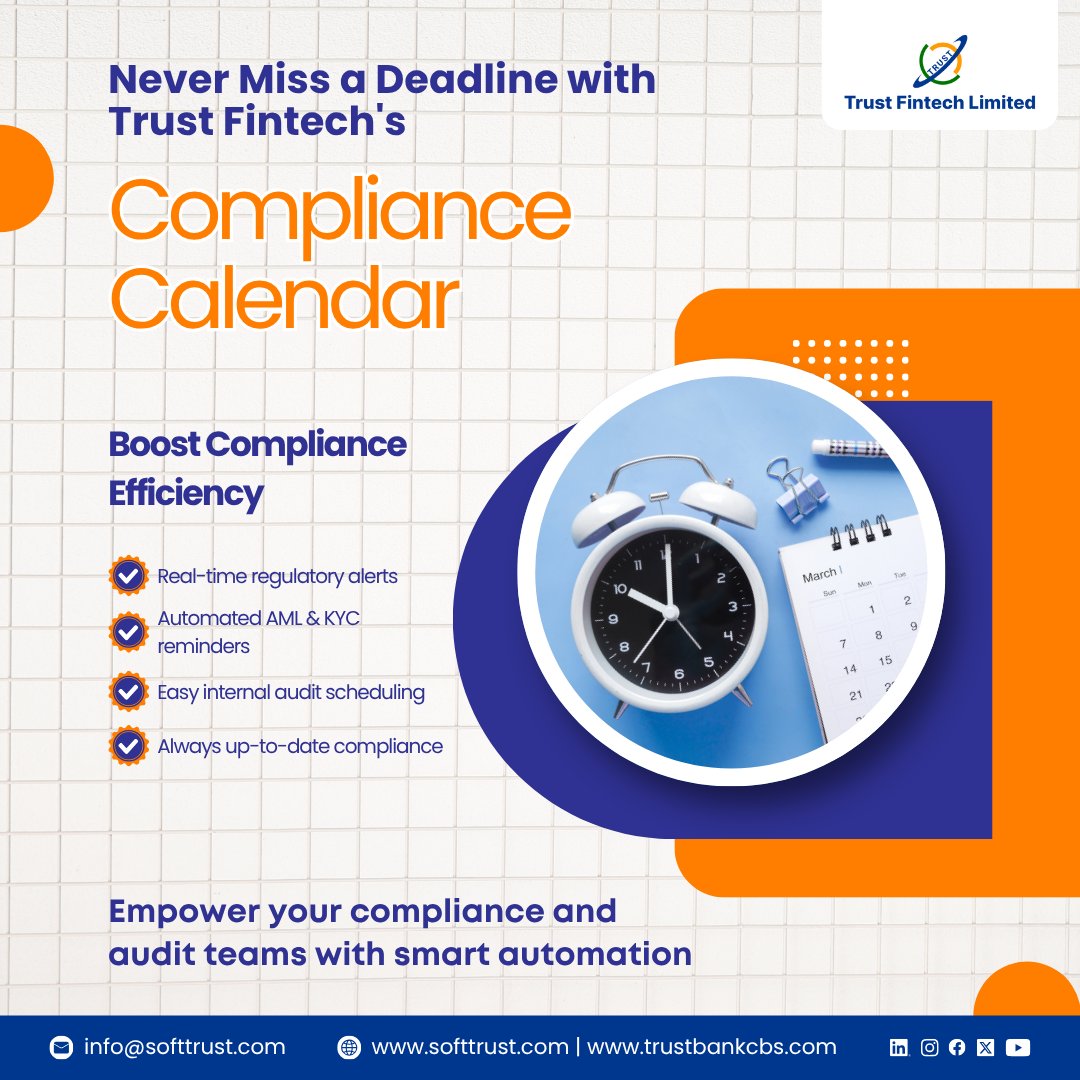 Trust_Fintech's tweet image. 🛡️ Never miss a compliance deadline again! Automate alerts, audits, compliance reminders & training with Trust Fintech’s Compliance Calendar. ⚡💼
#ComplianceMadeEasy #FintechSolutions #AML #KYC #AuditAutomation #RegTech #SmartCompliance #TrustFintech #CorporateGovernance
