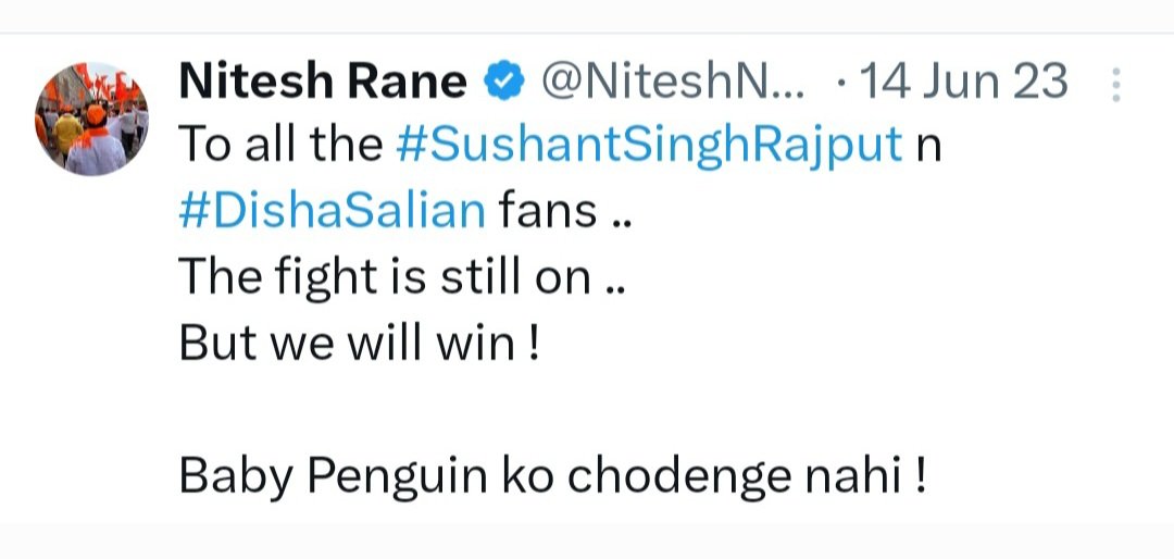 Areyy <a href="/NiteshNRane/">Nitesh Rane</a> 

Apke paas saboot thaa, pendrive tha, call recording thi, CCTV recording thii abb kahan gayi sab ? 
Baby Penguin ko chodenge nahi... ab kya hua ?😄😄

Areyy <a href="/MeNarayanRane/">Narayan Rane</a> 
Why silent on CBI closure report?

#BJPSavingSSRDishaKillers