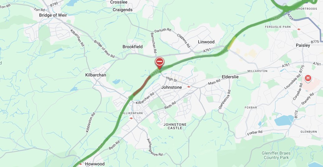 trafficscotland's tweet photo. UPDATE ❗️⌚️10:15

🛣️#A737 between Linwood and Johnstone 

⛔️CLOSED both ways due to a police incident 

🚗Traffic is being diverted locally by police on scene 

Please #UseAltRoute and #takecare when travelling 

📢Updates to follow 

@SWTrunkRoads https://t.co/CvlWahDCxq