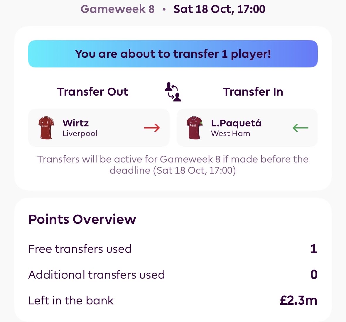 🔒Final Squad for #GW8 :

Wirtz
🔁
L.Paqueta

©️ Haaland

🏦2.3 M 🌎453 K 📈440 pts

#FPL #FPLCommunity #FPLIndonesia #FPLGakLanding