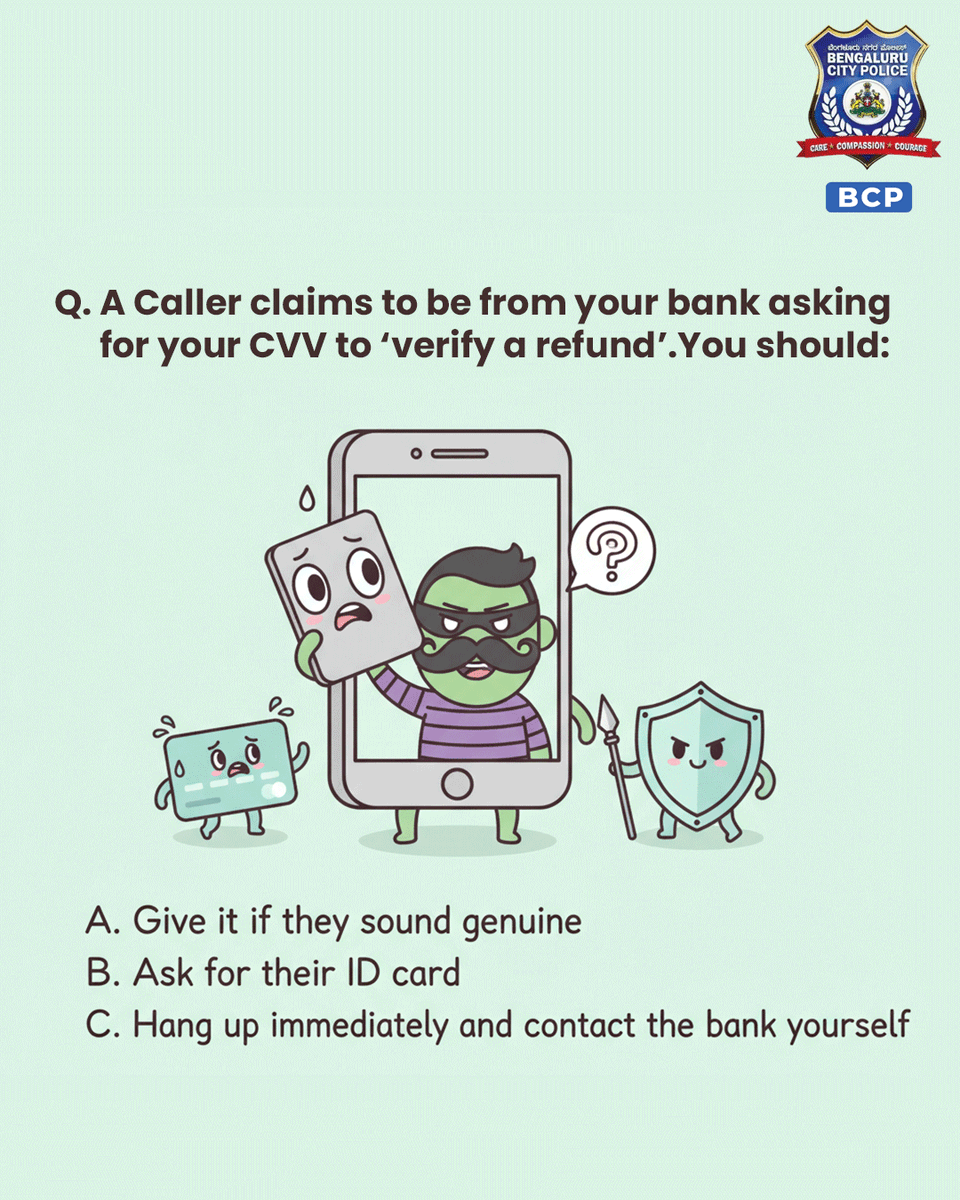 BlrCityPolice's tweet image. ವಂಚಕರು ದಿನ ಕಳೆದಂತೆ ಜಾಣರಾಗುತ್ತಿದ್ದಾರೆ. ನೀವೂ ಕೂಡ ಆಗುತ್ತಿರುವಿರಾ?
ಹಾಗಿದ್ದಲ್ಲಿ, ಈ ಕೆಳಕಂಡ ಪ್ರಶ್ನೆಗಳಿಗೆ ಉತ್ತರಿಸುವ ಮುಖೇನ ನಿಮ್ಮ ಕಾಮೆಂಟ್ ನೀಡಿ!
ನೀವು ಎಷ್ಟರ ಮಟ್ಟಿಗೆ &apos;ಸೈಬರ್ ಸ್ಮಾರ್ಟ್&apos; ಇರುವಿರೆಂದು ನೋಡೋಣ

Scammers are getting smarter — are you staying sharper?
Swipe through the questions and drop…