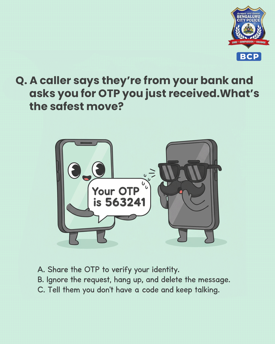 BlrCityPolice's tweet image. ವಂಚಕರು ದಿನ ಕಳೆದಂತೆ ಜಾಣರಾಗುತ್ತಿದ್ದಾರೆ. ನೀವೂ ಕೂಡ ಆಗುತ್ತಿರುವಿರಾ?
ಹಾಗಿದ್ದಲ್ಲಿ, ಈ ಕೆಳಕಂಡ ಪ್ರಶ್ನೆಗಳಿಗೆ ಉತ್ತರಿಸುವ ಮುಖೇನ ನಿಮ್ಮ ಕಾಮೆಂಟ್ ನೀಡಿ!
ನೀವು ಎಷ್ಟರ ಮಟ್ಟಿಗೆ &apos;ಸೈಬರ್ ಸ್ಮಾರ್ಟ್&apos; ಇರುವಿರೆಂದು ನೋಡೋಣ

Scammers are getting smarter — are you staying sharper?
Swipe through the questions and drop…