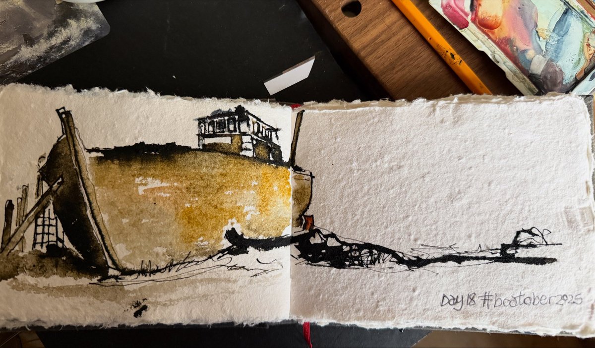 staithesartist's tweet image. Day 18 #boatober2025 #ink #dippen #watercolour Thank @doug_jackson_artwork for the #challenge