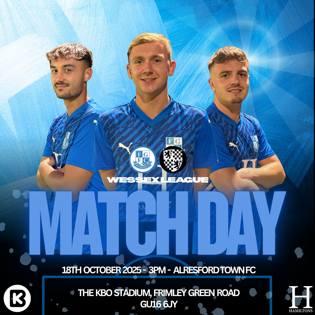 🔥 MATCH DAY READY! 🔥

We’re back at The KBO Stadium this weekend for a massive clash! 💪⚽

📅 Saturday 18th October 2025
⏰ 3:00 PM Kick-Off
⚔️ <a href="/official_FGFC/">Frimley Green FC</a> 🆚 <a href="/alresford_town/">Alresford Town FC</a> 
🏆 <a href="/WessexLeague/">Velocity Wessex League</a> Division One
🏟️ The KBO Stadium
📍 GU16 6JY

💥 MATCH SPONSORS 💥
🙌 Hamiltons