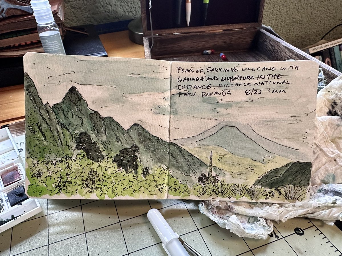 MatayoinRwanda's tweet photo. Practicing my newest hobby— watercolor and ink landscapes— based on recent hikes in Volcanos National Park. I am amazed by the beauty of the landscapes all around us here in Musanze and love capturing them in this way. I hope you enjoy them too! #VisitRwanda #PaintRwanda https://t.co/0fjwUeLUDj