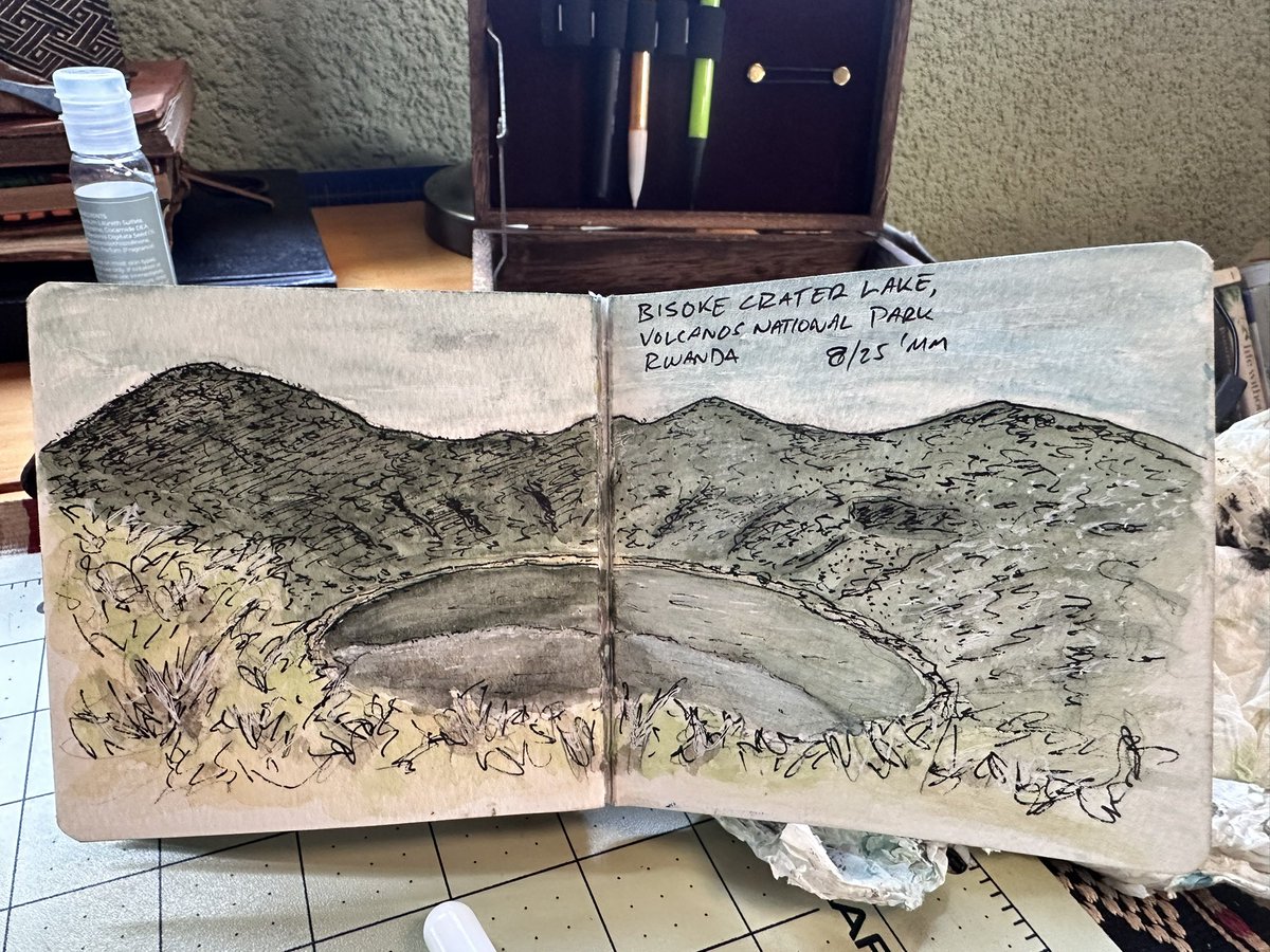 MatayoinRwanda's tweet photo. Practicing my newest hobby— watercolor and ink landscapes— based on recent hikes in Volcanos National Park. I am amazed by the beauty of the landscapes all around us here in Musanze and love capturing them in this way. I hope you enjoy them too! #VisitRwanda #PaintRwanda https://t.co/0fjwUeLUDj