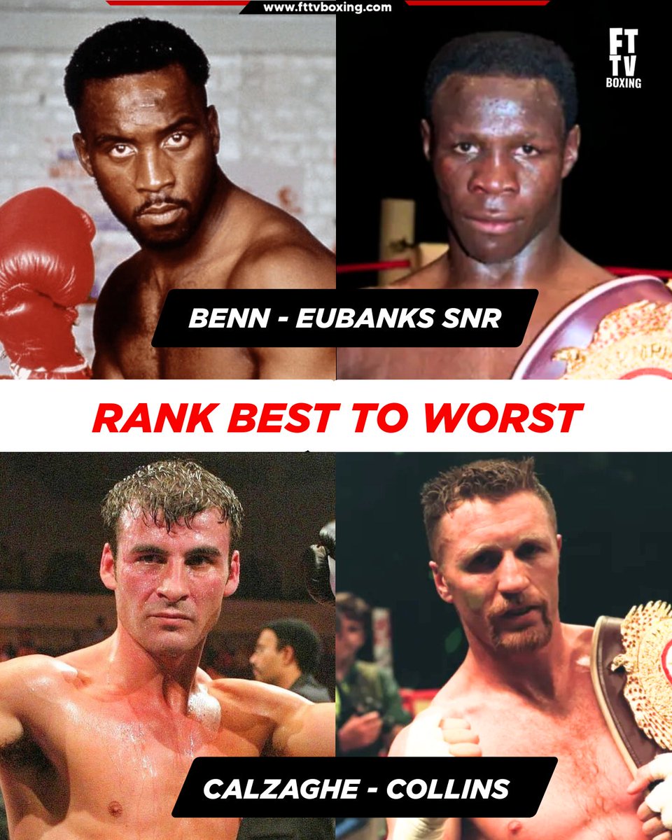 FTTVBoxing's tweet image. How do you rank these four British boxing icons? Who’s #1? 👑

🥊 Nigel Benn
🥊 Chris Eubank Sr.
🥊 Joe Calzaghe
🥊 Steve Collins

Drop your rankings below! 🥊👇

#NigelBenn #ChrisEubankSr #JoeCalzaghe #SteveCollins