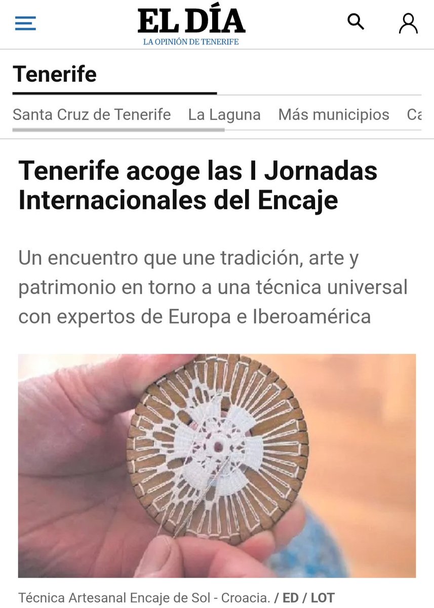 🗣✨️"Tenerife acoge las I Jornadas Internacionales del Encaje" vía <a href="/eldia/">El Día</a>

✅️El <a href="/CabildoTenerife/">Cabildo de Tenerife</a> organiza las I Jornadas Internacionales del Encaje, (22 al 25 octubre 2025) en colaboración <a href="/aytolalaguna_es/">Ayuntamiento de La Laguna</a> #aytotegueste <a href="/FundacionCICOP/">Fundación CICOP</a>

 ℹ️Más Info eldia.es/tenerife/2025/…