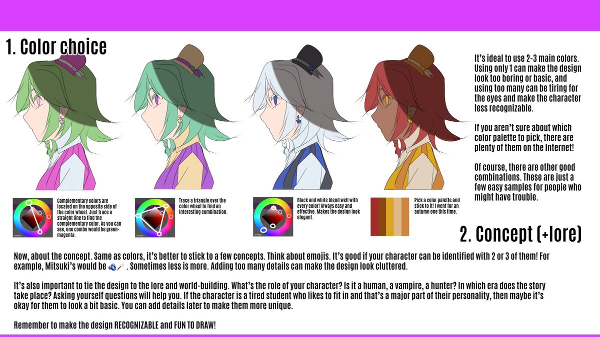 Sshirokuro's tweet image. CHARACTER DESIGN 🫐
This is a basic guide for character design, no previous knowledge required. Includes useful tips and samples.
Drop your designs and I'll analyze their strengths and how to improve (my opinion, if you feel comfortable!)
#characterdesign #arttutorial