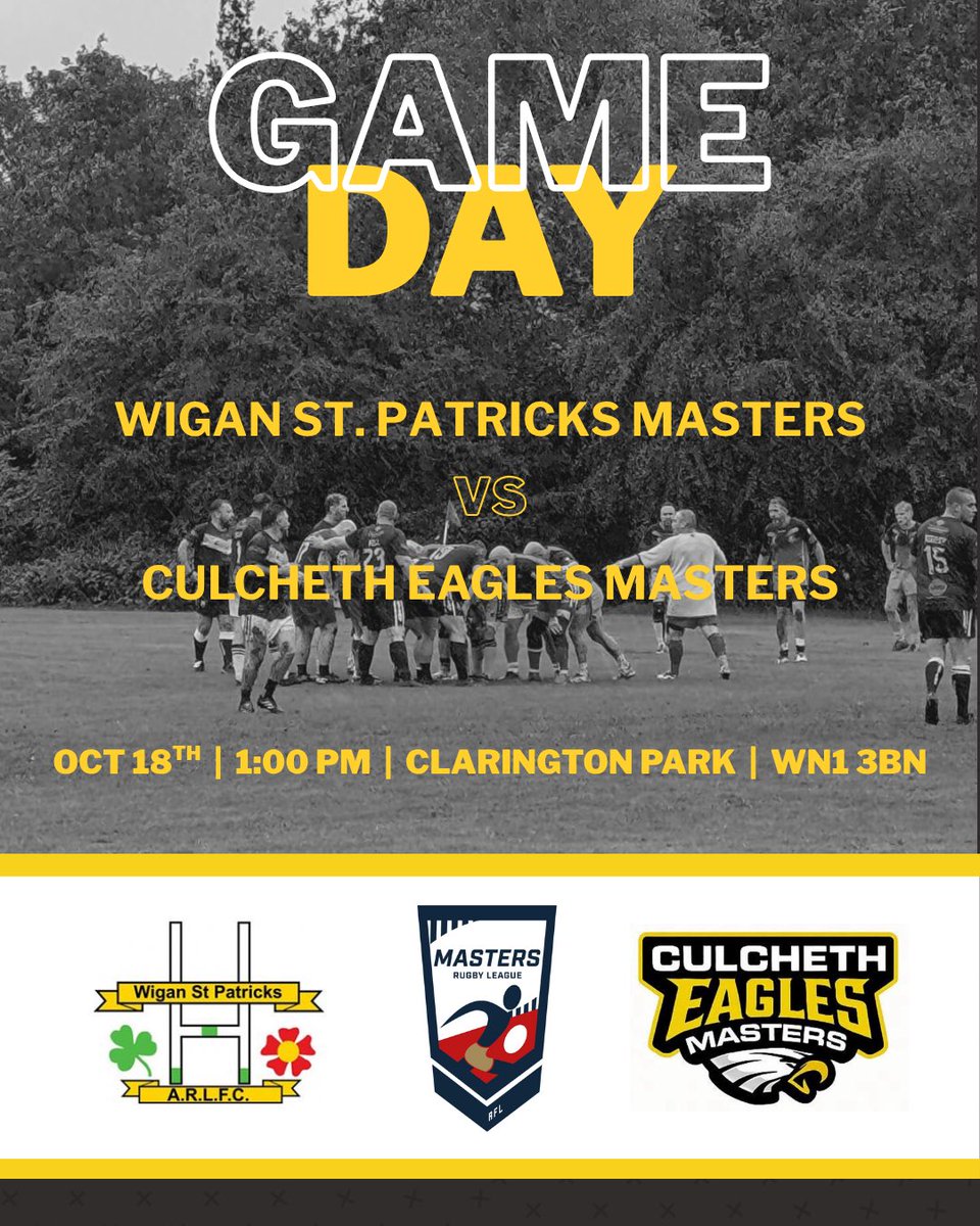 EaglesMastersRL's tweet photo. It’s game day! Come and join us on the road as we visit Wigan St Patricks A.R.L.F.C for what will be a great game of Masters Rugby League! 🦅⚫️🟡

📍 Clarington Park, Wigan, WN1 3BN
🕣 1:00pm https://t.co/vOIO4h38x0