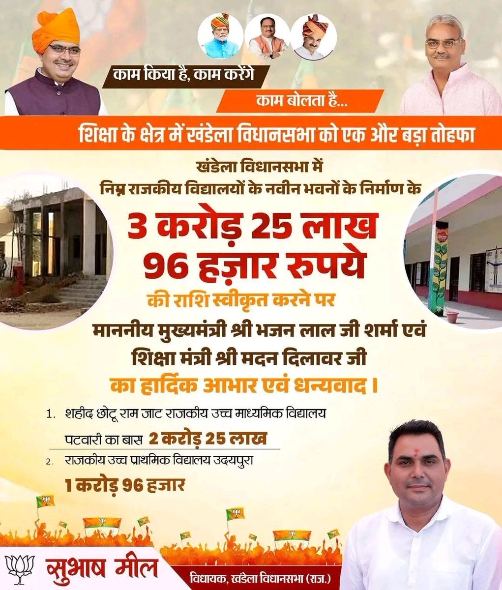 मेरे गांव उदयपुरा में नवीन भवन के निर्माण के लिए 1 करोड़ 96 हजार रुपए राशि स्वीकृत करवाने पर विधायक भाई साहब सुभाष जी मील का बहुत बहुत धन्यवाद ❤️🎂
<a href="/SubhashMeelIn/">Subhash Meel Khandela</a> 
<a href="/BhajanlalBjp/">Bhajanlal Sharma</a> 
<a href="/KumariDiya/">Diya Kumari</a> 
<a href="/BJP4Rajasthan/">BJP Rajasthan</a> 
<a href="/madandilawar/">Madan Dilawar</a> 
<a href="/SunilsainiIN/">Sunil Kumar</a> 
@