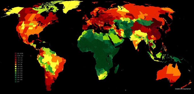 Мировые коэффициенты рождаемости.

Красное - меньше единицы.
Зелёное - четыре ребёнка и больше.