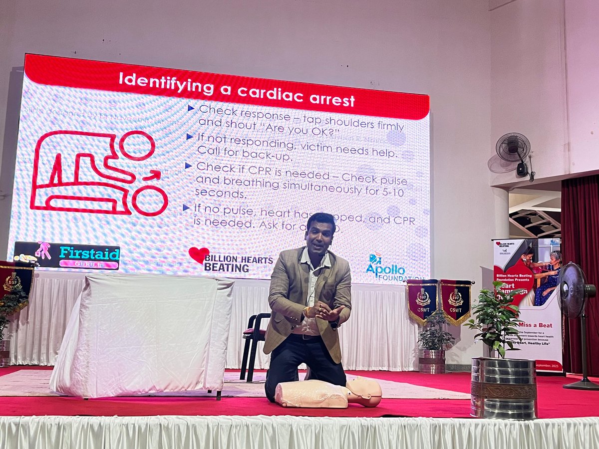 दिनांक 16 अक्‍टूबर 2025 को Appolo Hospital Indore एवं CSWT BSF Hospital, Indore द्वारा संयुक्‍त  रूप से सीएसडब्‍ल्‍यूटी बीएसएफ इंदौर में CPR (Cardiopulmonary Resuscitation) पर एक सेमिनार आयोजित किया गया, जिसमें CSWT BSF Indore के कार्मिकों ने भाग लिया।