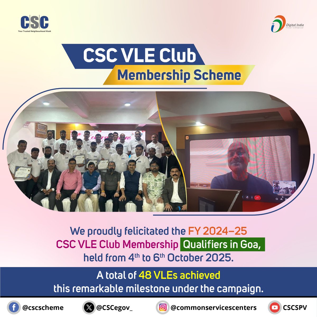 CSCegov_'s tweet image. CSC VLE Club Membership Scheme!!
We proudly felicitated the FY 2024–25 CSC VLE Diamond Club Membership Qualifiers in Goa, held from 4th to 6th October 2025.
A total of 48 VLEs achieved this remarkable milestone under the campaign.
#CSC #DigitalIndia #VLEClub #RuralEmpowerment…