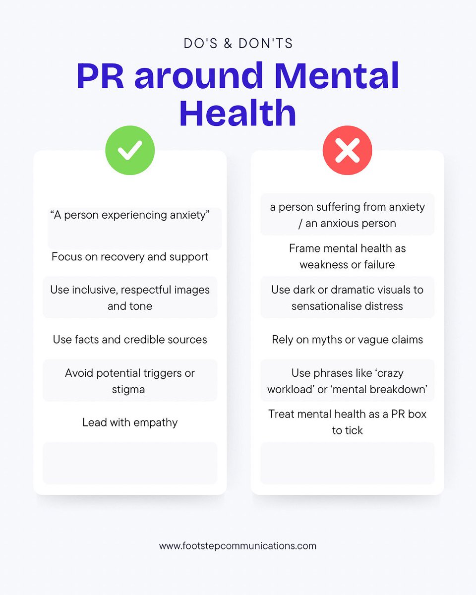FootstepComms's tweet image. It’s not just what we say - it’s how we say it.

These do’s and don’ts for talking about mental health in PR are small changes that can help build more understanding, inclusive workplaces and campaigns. 💬

#MentalHealthMatters #CommsForChange #PRProfessionals