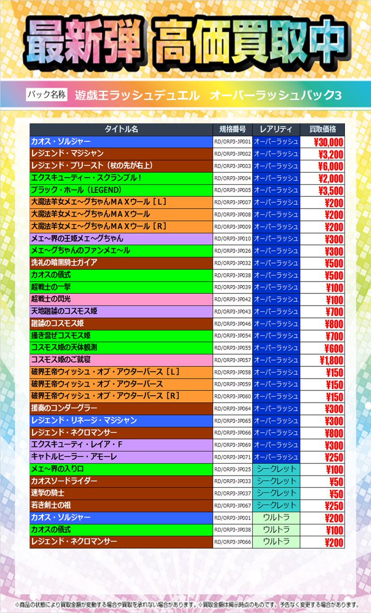 📢新弾買取情報📢
#遊戯王ラッシュデュエル 
最新弾　オーバーラッシュパック3
高価買取表を更新いたしました🔥

カオス・ソルジャー￥3⃣0⃣0⃣0⃣0⃣
レジェンド・マジシャン￥3⃣2⃣0⃣0⃣
など！

１枚からでも大歓迎です✨✨
ぜひ当店までお持ちくださいませ🎉🎉