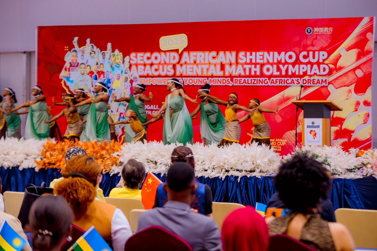 Rwanda_Edu's tweet photo. This morning, the Minister of State @ClaudetteIrere  officiates at the Awarding Ceremony of the Second Africa Shenmo Cup Abacus Mental Math Olympiad 2025, organized by Shenmo Rwanda in collaboration with the @REBRwanda  .
The event brings together young participants from 30 African countries to showcase their mathematical talent and mental calculation skills through the Abacus Mental Math program — a learning method that sharpens problem-solving abilities, logical reasoning, and self-confidence among learners.