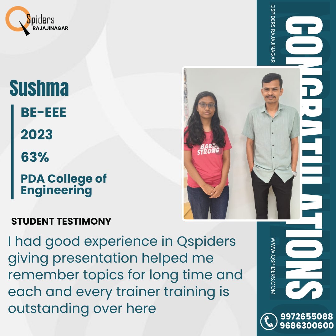 QRajajinagar's tweet image. 🎉 Big Congratulations to Sushma from PDA College of Engineering! 👩‍💻✨
#InspiringJourney #HardWorkPaysOff #TrainingAndPlacement #TechTraining #StudentSuccess #Motivation #CareerInTech #QSpidersSuccess #PDACollegeOfEngineering
