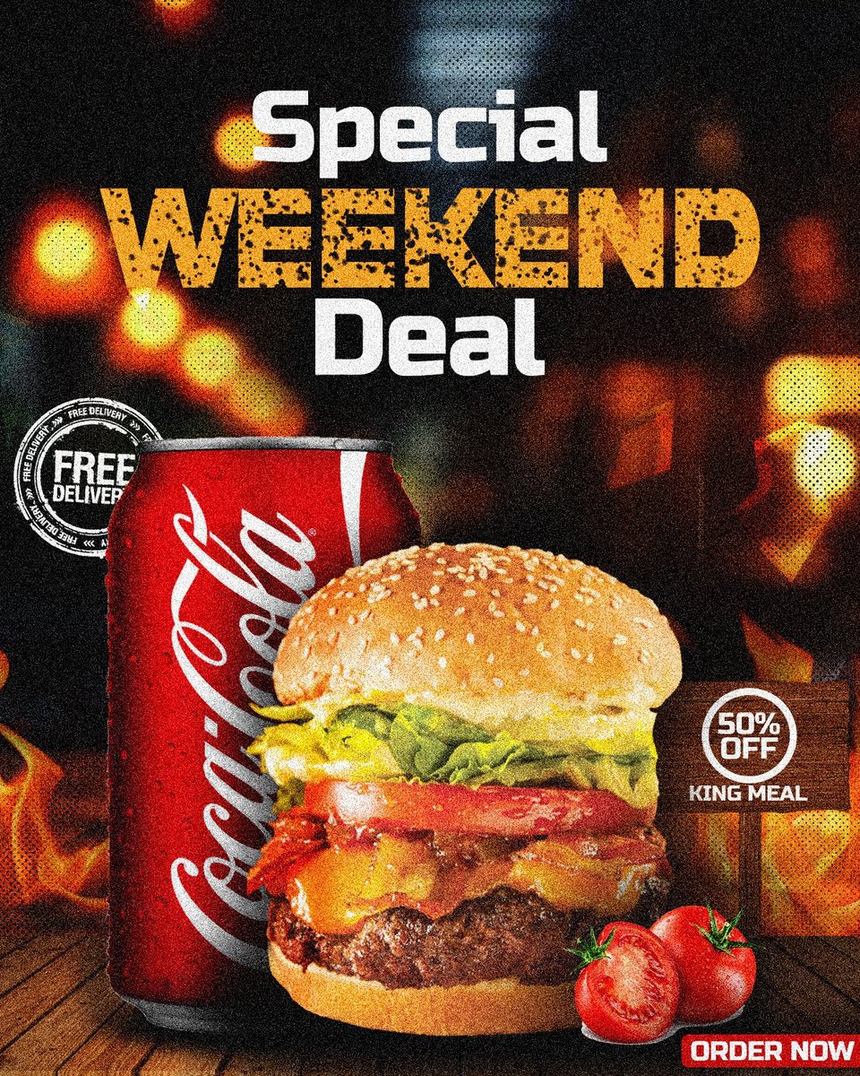 davidspark_100's tweet image. Created this visual feast using deep contrast background to make the burger pop. Layered high-quality assets and used bold, textured text to shout "SPECIAL WEEKEND DEAL!" A clear, high-impact graphic built purely to drive sales. #GraphicDesign #FoodPhotography #Designprocess