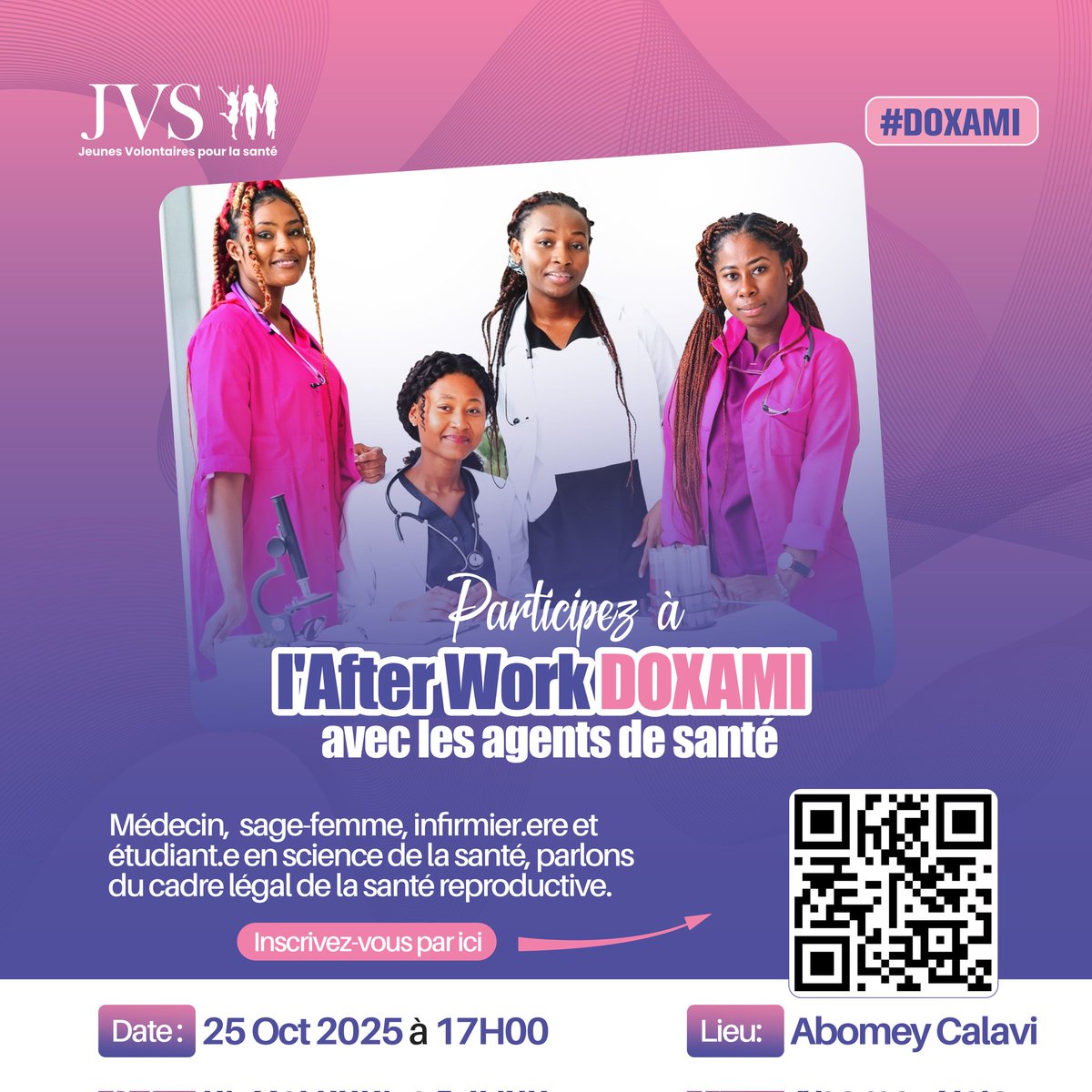 🩺 Participez à l’AfterWork #DOXAMI avec les agents de la Santé.
Inscrivez-vous pour des échanges détendus sur le cadre légal de la santé sexuelle et reproductive au Bénin.

📅 25 oct 2025, 17h, Ab-Calavi.
Inscription : urls.fr/Yj-Emn Deadline : 21 oct 2025.