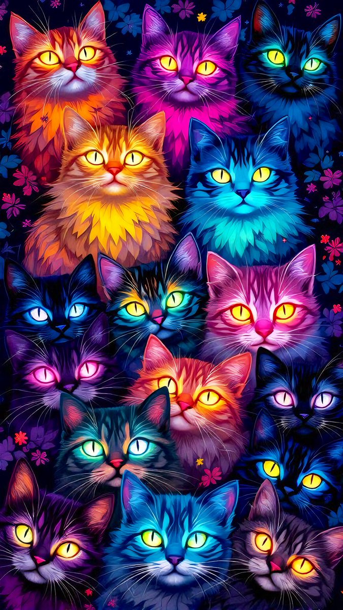 🐱 A psychedelic kaleidoscope of cats 🐾 from teal to tangerine, each surreal gaze glows in neon hues. For dreamers, color lovers &amp; feline fans who crave visual magic and cosmic charm. Let your screen purr with vibrant wonder. GM 4K 🩸✨ #CatsOfX #ColorPop #phonewallpaper