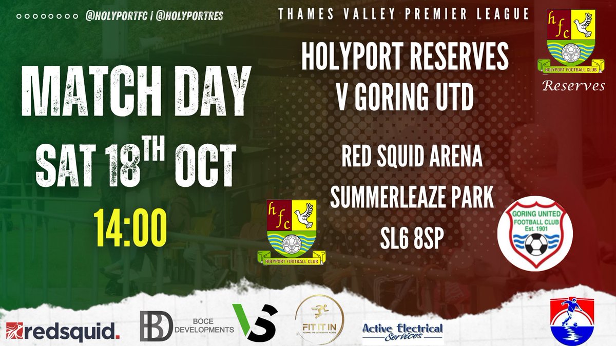Match day‼️

🕖 2pm KO
🦑 Redsquid Arena
📍SL6 8SP

🆚 <a href="/goringunited/">Goring United FC</a>
🏆 <a href="/ThamesValleyPL/">Thames Valley PL</a>

🎫 Free Entry
🚗 Free parking
☕️🍔 @Howdenslocaluk tea bar open!

#HolyportFC #uptheport #groundhopper #fiberkshire #redsquidcomms #oneclub #thakrarcoombs #summerleaze