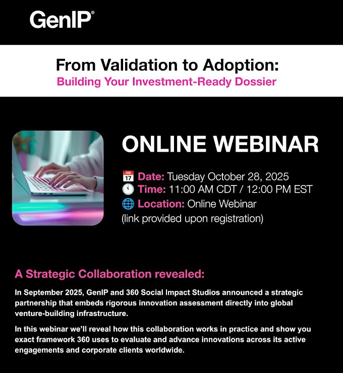 GenIPplc's tweet image. GenIP is proud to invite you to our upcoming webinar: &apos;From Validation to Adoption: Building Your Investment-Ready Dossier&apos;

The event will feature our partners CNEN and 360, and explore how to turn technology validation into adoption

Register here: eventbrite.com/e/from-validat…
