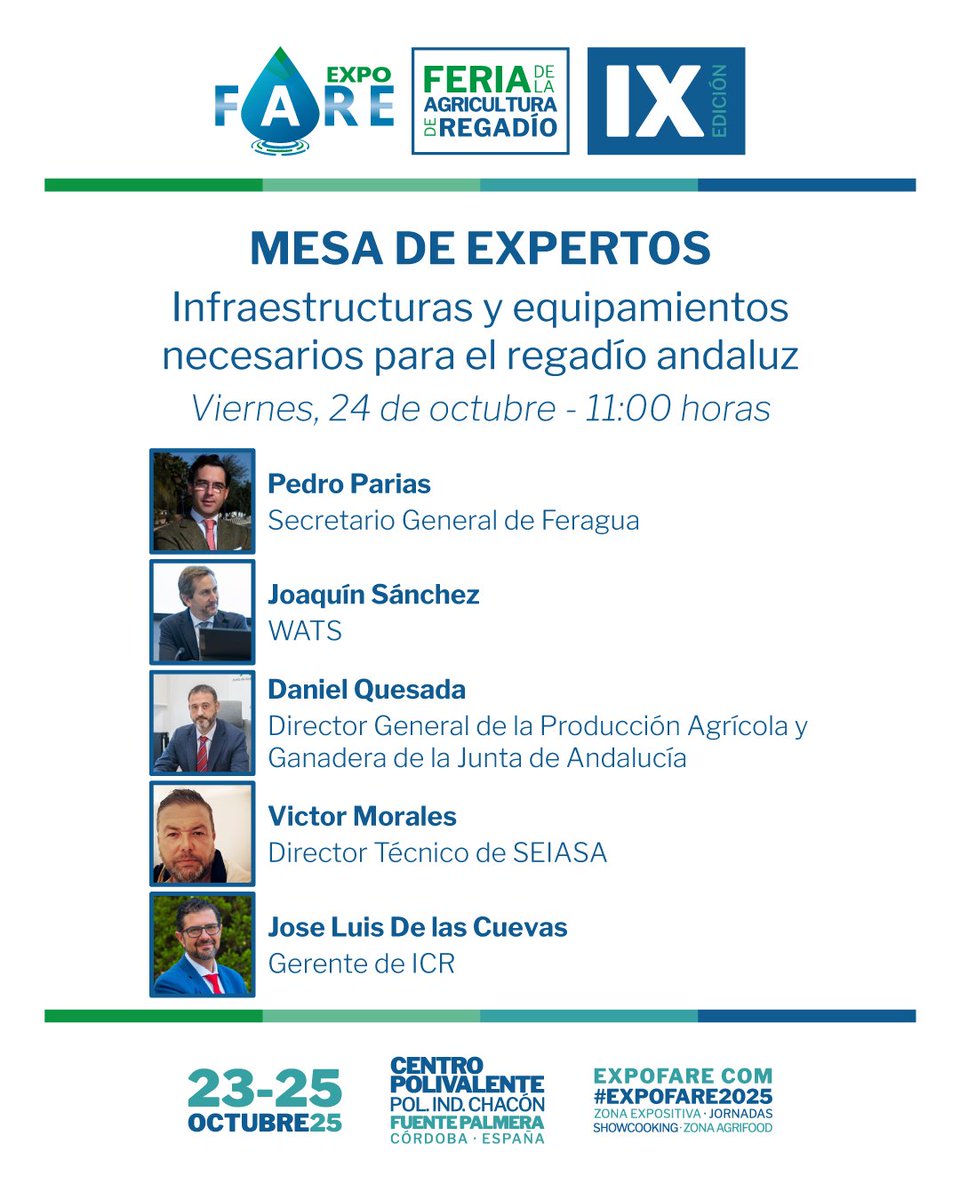 📣 Mesa de expertos: “Infraestructuras y equipamientos necesarios para el regadío andaluz” | VI Encuentro de Comunidades de Regantes (ExpoFare × <a href="/FeraguaRegantes/">Feragua</a>)

Inscripción gratuita: expofare.es/inscripcion