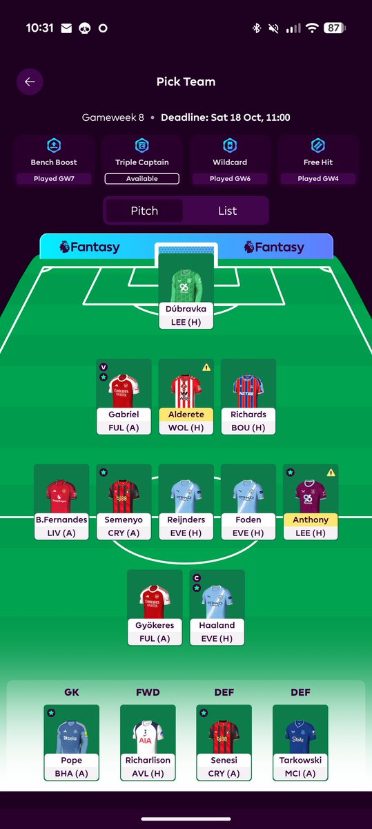 packagedbutton's tweet image. GW8 &amp;amp; we roll toward 3ft.
The fear of no Chelsea grows stronger each week as I battle EO but I didn't feel too much conviction to make moves this week.

After a dire BB last week (6pts 😂) it was green to 1m and hopefully the trend will continue forward this week.

OR 🌍 1M
#fpl