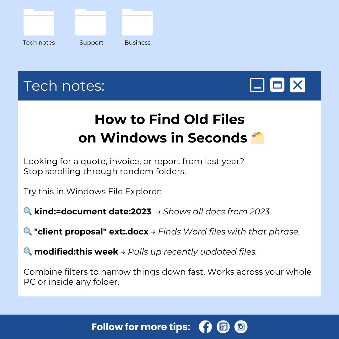 AutomateTech's tweet image. Finding old files on your computer can be headache inducing.  
Here’s how to quickly solve that. 
If you’ve ever needed a quote, invoice, or report from a year or two ago, and had no clue where it ended up, this will help. 
Most people scroll through folders or rely on vague f