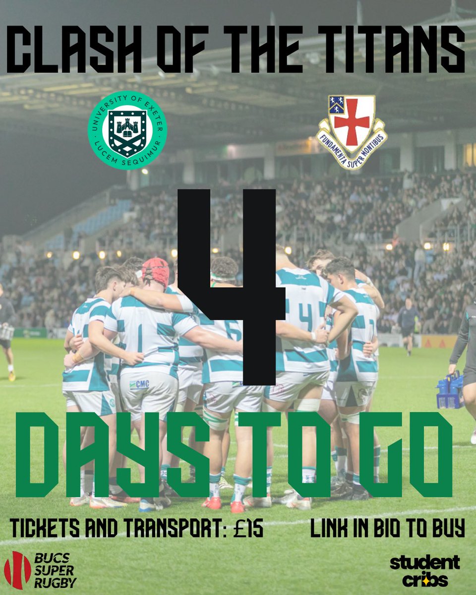 ExeterUniRFC's tweet photo. Just four days left until the game of 2025, Clash of the Titans: Exeter vs Durham
📍Sandy Park, Exeter
📆22nd October 2025
⏰KO - 19:45
Tickets are selling fast, get yours now through the link in our bio!
#EXEvSDUR | #bleedgreen | #spotlightfixture https://t.co/Ult0Wxbu0c