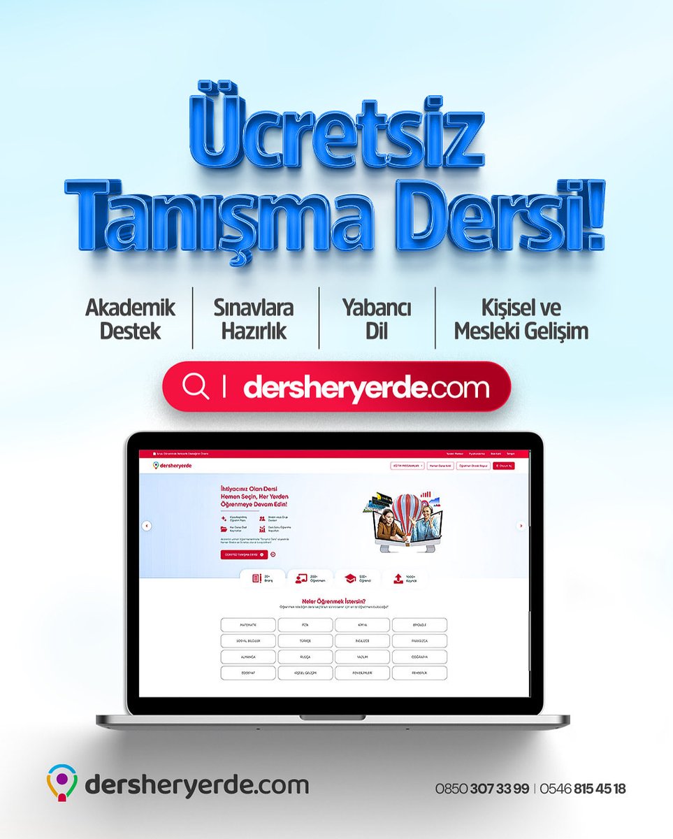 👨🏻‍💻Kendi seçeceğin öğretmenle tüm branşlarda ilk dersin ÜCRETSİZ!

🚀 Canlı özel derslerle birebir ilgi ve koçluk— dersheryerde.com’da!

🖱️ Hemen başvur, tanışma dersine katıl,
🎓 Sana en uygun öğretmenle başarıya adım at!

#DersHerYerde #ÜcretsizTanışmaDersi #özelders