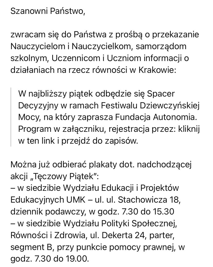 Krakowski magistrat rozsyła do szkół pisma, żeby nauczyciele informowali uczniów o „tęczowych akcjach”. Serio? Szkoła ma uczyć, a nie wychowywać pod dyktando ideologii. To nie jest rola urzędników, tylko rodziców.