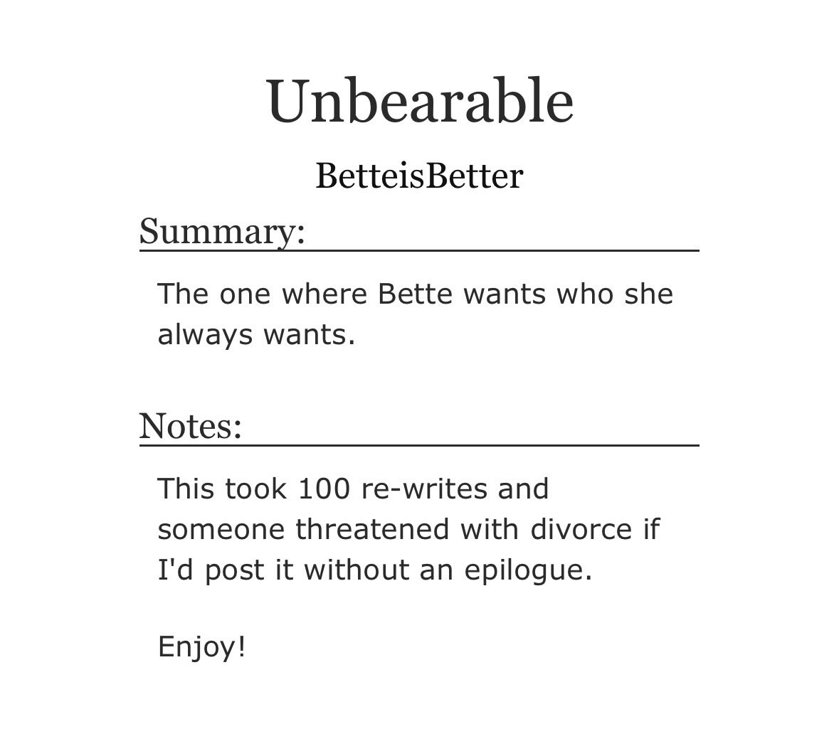I guess I have this thing for short stories. Enjoy you weekend and be good! archiveofourown.org/works/72684076